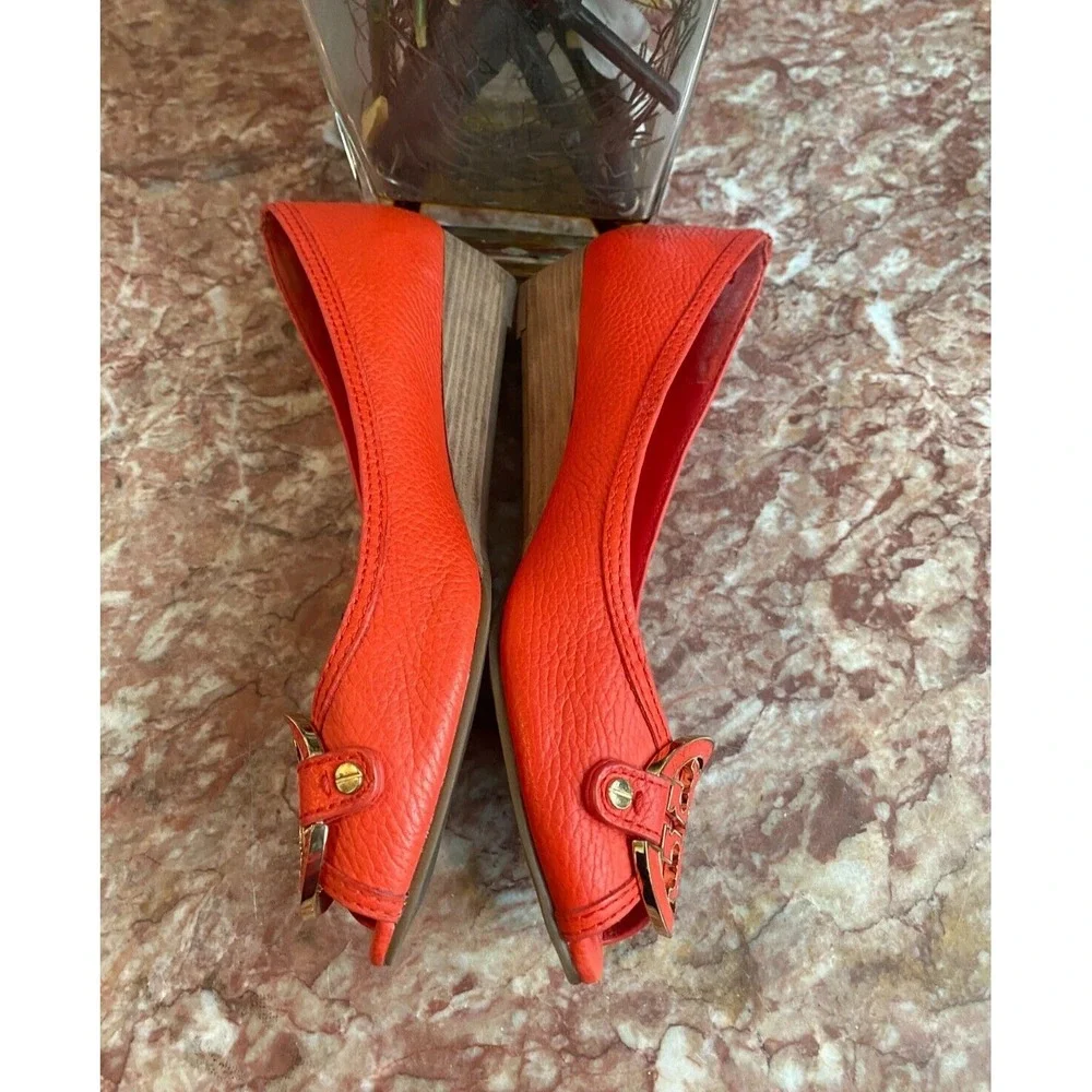 Tory Burch Amanda Orange Red Leather Open Toe Wedge Heel Shoes 10M ‎ EUC! $278